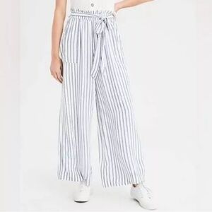 American Eagle Striped Wide Leg Beachy Preppy Pants Charcoal & White Sz Large
